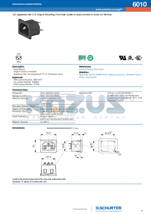 6010 datasheet - IEC Appliance Inlet C14, Snap-in Mounting, Front Side, Solder or Quick-connect or Screw-on Terminal