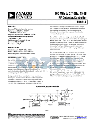 AD8314ACP-REEL7 datasheet - 100 MHz to 2.7 GHz, 45 dB RF Detector/Controller