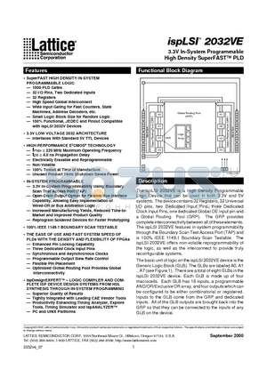 ISPLSI2032VE datasheet - 3.3V In-System Programmable High Density SuperFAST PLD