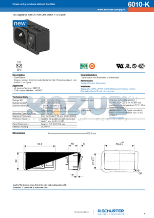 6010-K datasheet - IEC Appliance Inlet C14 with Line Switch 1- or 2-pole