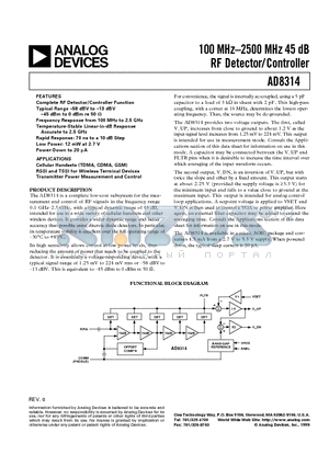 AD8314ARM-REEL7 datasheet - 100 MHz-2500 MHz 45 dB RF Detector/Controller