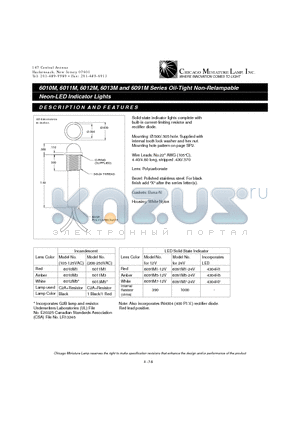 6012M5 datasheet - Oil-Tight Non-Relampable Neon-LED Indicator Lights