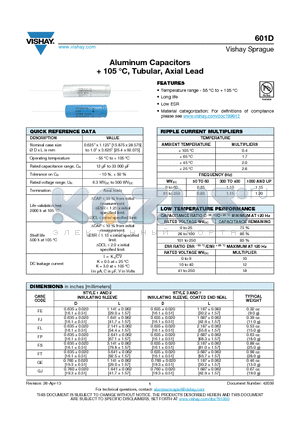 601D datasheet - Aluminum Capacitors  105 `C, Tubular, Axial Lead