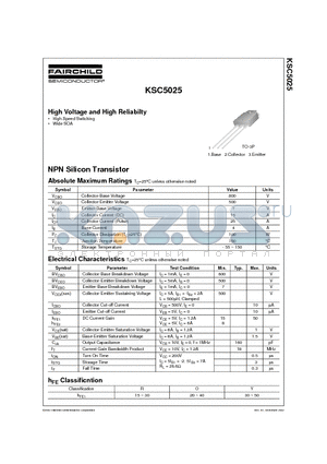 KSC5025 datasheet - High Voltage and High Reliabilty