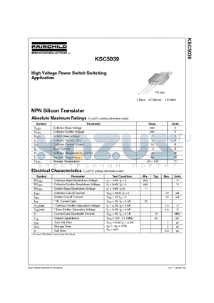 KSC5039 datasheet - High Voltage Power Switch Switching Application