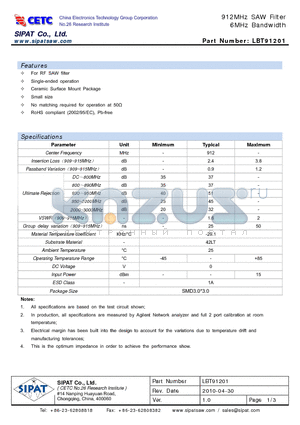 91201 datasheet - 912MHz SAW Filter 6MHz Bandwidth