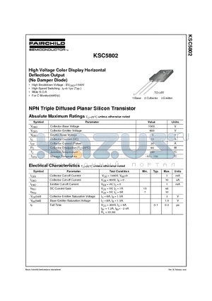 KSC5802 datasheet - High Voltage Color Display Horizontal Deflection Output (No Damper Diode)