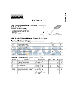 KSC5802D datasheet - High Voltage Color Display Horizontal Deflection Output (Built In Damper Diode)