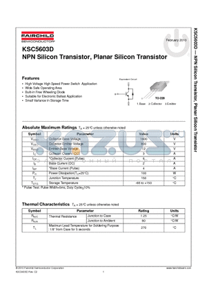 KSC5603D_10 datasheet - NPN Silicon Transistor, Planar Silicon Transistor