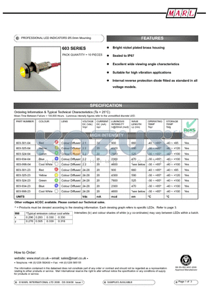 603-301-04 datasheet - PROFESSIONAL LED INDICATORS 5.0mm Mounting