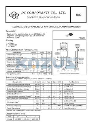 I882 datasheet - TECHNICAL SPECIFICATIONS OF NPN EPITAXIAL PLANAR TRANSISTOR