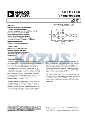 AD8341 datasheet - 1.5 GHz to 2.4 GHz RF Vector Modulator