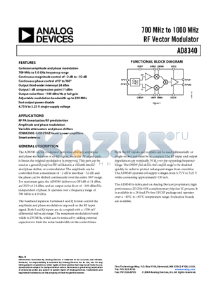 AD8340-EVAL datasheet - 700 MHz to 1000 MHz RF Vector Modulator