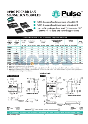 H0001 datasheet - 10/100 PC CARD LAN MAGNETICS MODULES