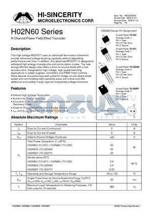 H02N60E datasheet - N-Channel Power Field Effect Transistor