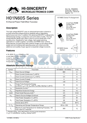 H01N60SI datasheet - N-Channel Power Field Effect Transistor