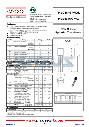 KSD1616A-Y datasheet - NPN Silicon Epitaxial Transistors