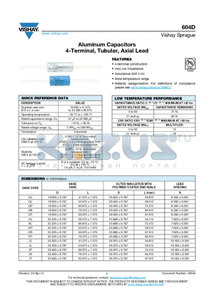 604D_13 datasheet - Aluminum Capacitors 4-Terminal, Tubular, Axial Lead