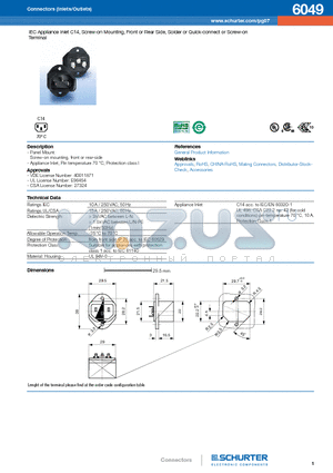 6049-H-ABC0-D-E datasheet - IEC Appliance Inlet C14, Screw-on Mounting, Front or Rear Side, Solder or Quick-connect or Screw-on Terminal