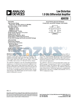 AD8350 datasheet - Low Distortion 1.0 GHz Differential Amplifier