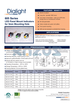 605-2111-110F datasheet - LED Panel Mount Indicators for 5mm Mounting Hole