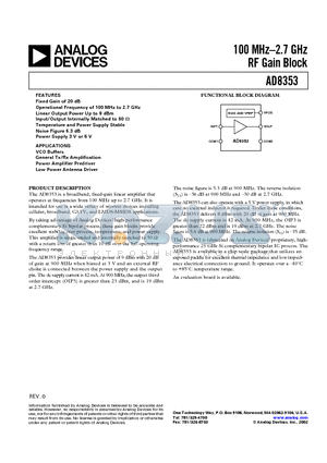 AD8353 datasheet - 100 MHz-2.7 GHz RF Gain Block