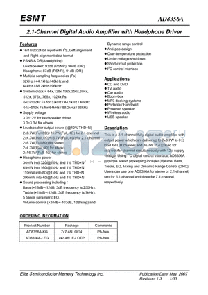 AD8356A-LEG datasheet - 2.1-Channel Digital Audio Amplifier with Headphone Driver