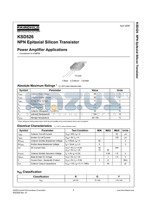 KSD526Y datasheet - NPN Epitaxial Silicon Transistor Power Amplifier Applications