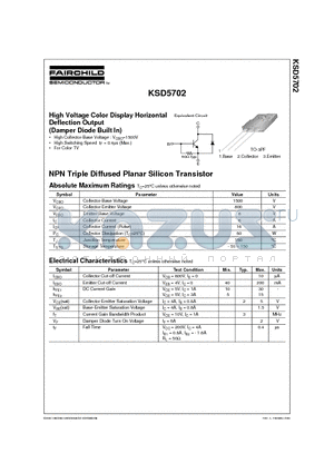 KSD5702 datasheet - High Voltage Color Display Horizontal Deflection Output (Damper Diode Built In)