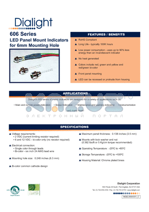 606-1415-130F datasheet - LED Panel Mount Indicators for 6mm Mounting Hole