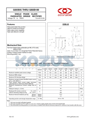 G6XB05 datasheet - SINGLE PHASE GLASS PASSIVATED BRIDGE RECTIFIER Voltage: 50 to 1000V Current: 6.0A