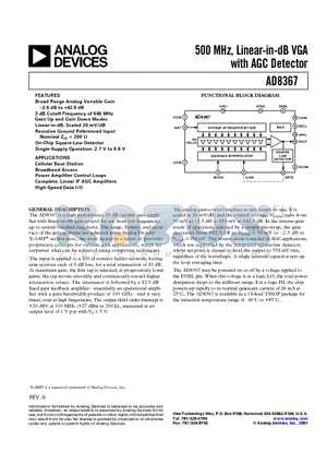 AD8367 datasheet - 500 MHz, Linear-in-dB VGA with AGC Detector