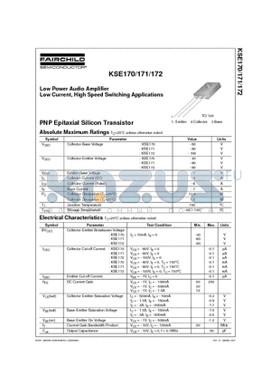 KSE170 datasheet - Low Power Audio Amplifier Low Current, High Speed Switching Applications