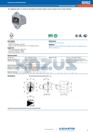 6062 datasheet - IEC Appliance Inlet C14, Screw-on Mounting, Front Side, Solder or Quick-connect, PCB or Screw Terminal