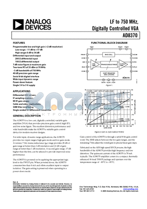 AD8370 datasheet - LF to 750 MHz, Digitally Controlled VGA