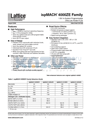 ISPMACH4000ZE datasheet - 1.8V In-System Programmable Ultra Low Power PLDs
