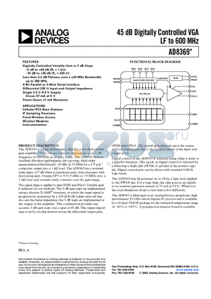 AD8369ARU-REEL7 datasheet - 45 dB Digitally Controlled VGA LF to 600 MHz