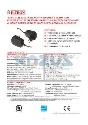 HLG10-330250-1 datasheet - AC/DC EXTERNAL WALLMOUNT ADAPTER 2-BLADE AND EUROPEAN AC PLUG SINGLE OUTPUT 5-10 WATTS LOW LEAKAGE & GREEN POWER SWITCHING POWER SUPPLIES