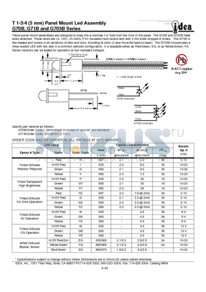 G703B datasheet - T 1-3/4 (5 mm) Panel Mount Led Assembly