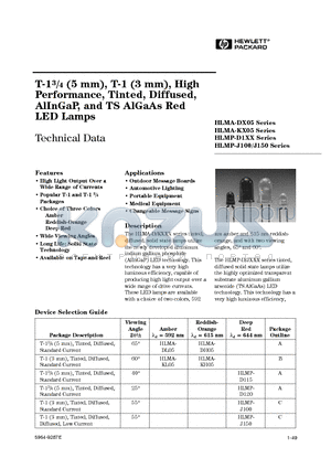 HLMA-DL05 datasheet - T-13/4 (5 mm), T-1 (3 mm), High Performance, Tinted, Diffused, AlInGaP, and TS AlGaAs Red LED Lamps