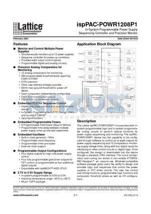 ISPPAC-POWR1208P1 datasheet - In-System Programmable Power Supply Sequencing Controller and Precision Monitor
