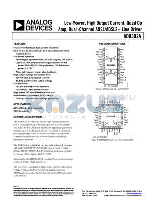 AD8392AAREZ datasheet - Low Power, High Output Current, Quad Op Amp, Dual-Channel ADSL/ADSL2 Line Driver