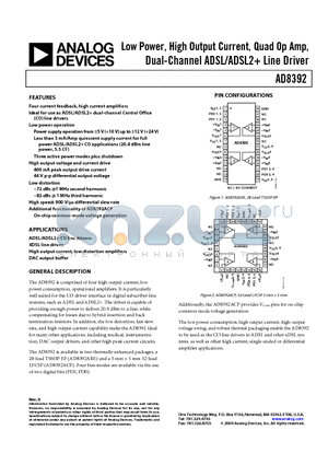 AD8392ARE datasheet - Low Power, High Output Current, Quad Op Amp, Dual-Channel ADSL/ADSL2 Line Driver