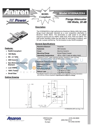 H100NA20X4 datasheet - Flange Attenuator 100 Watts, 20 dB