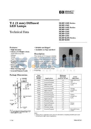 HLMP-130X datasheet - T-1 (3 mm) Diffused LED Lamps