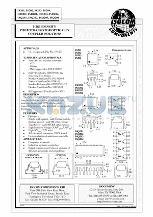 ISQ202 datasheet - HIGH DENSITY PHOTOTRANSISTOR OPTICALLY COUPLED ISOLATORS