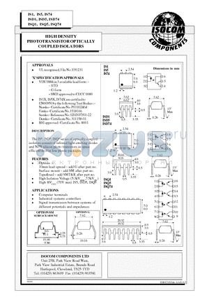 ISQ1 datasheet - HIGH DENSITY PHOTOTRANSISTOR OPTICALLY COUPLED ISOLATORS