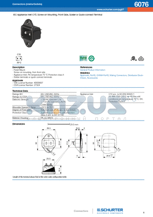 6076 datasheet - IEC Appliance Inlet C10, Screw-on Mounting, Front Side, Solder or Quick-connect Terminal