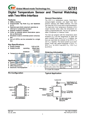 G751 datasheet - Digital Temperature Sensor and Thermal Watchdog with Two-Wire Interface