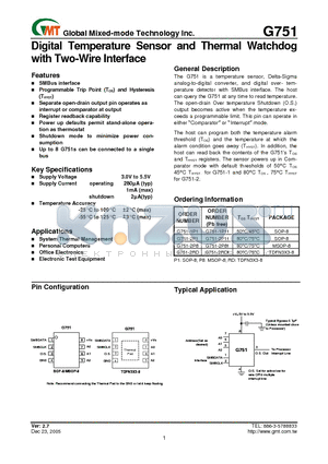 G751-2P1 datasheet - Digital Temperature Sensor and Thermal Watchdog with Two-Wire Interface
